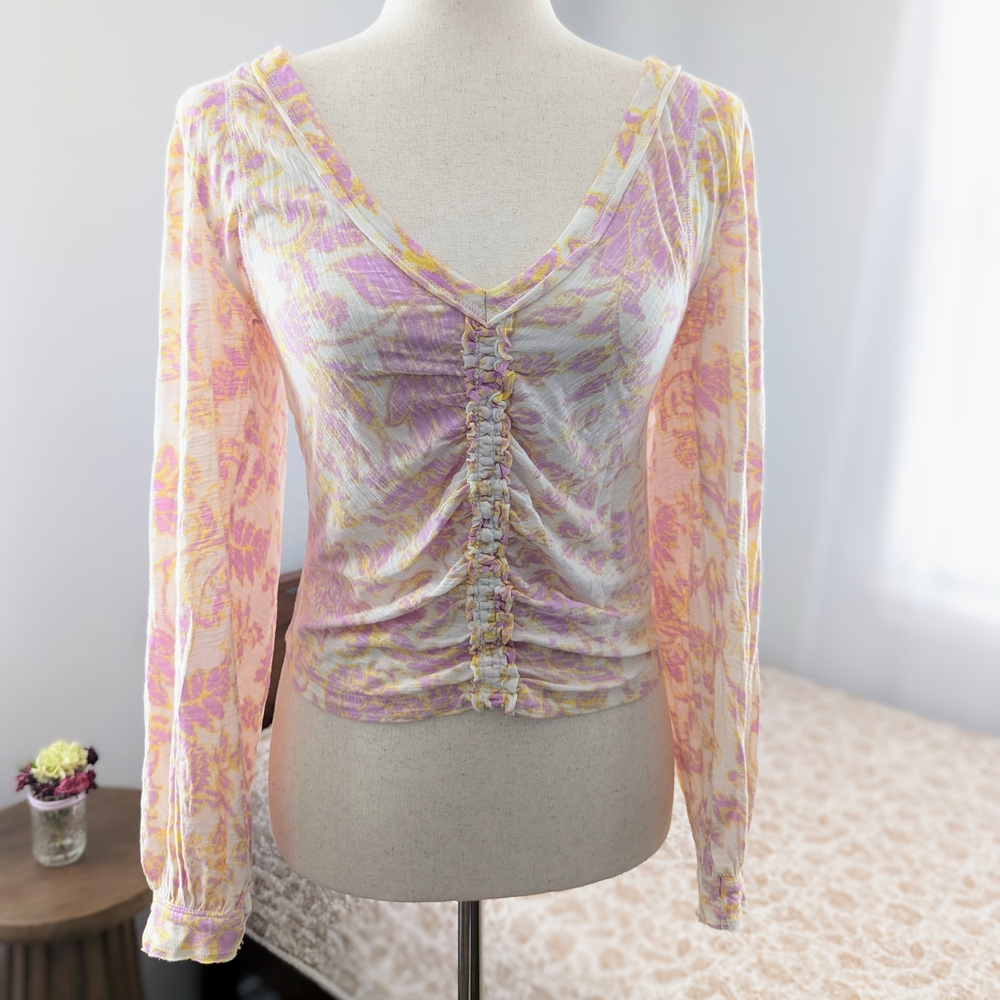 NWT Free People Say The Word Floral Runched Top Boho Western Balloon Sleeve Sm - Picture 13 of 15